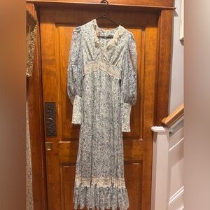 Gunne Sax Blue and Cream Long Sleeve Dress